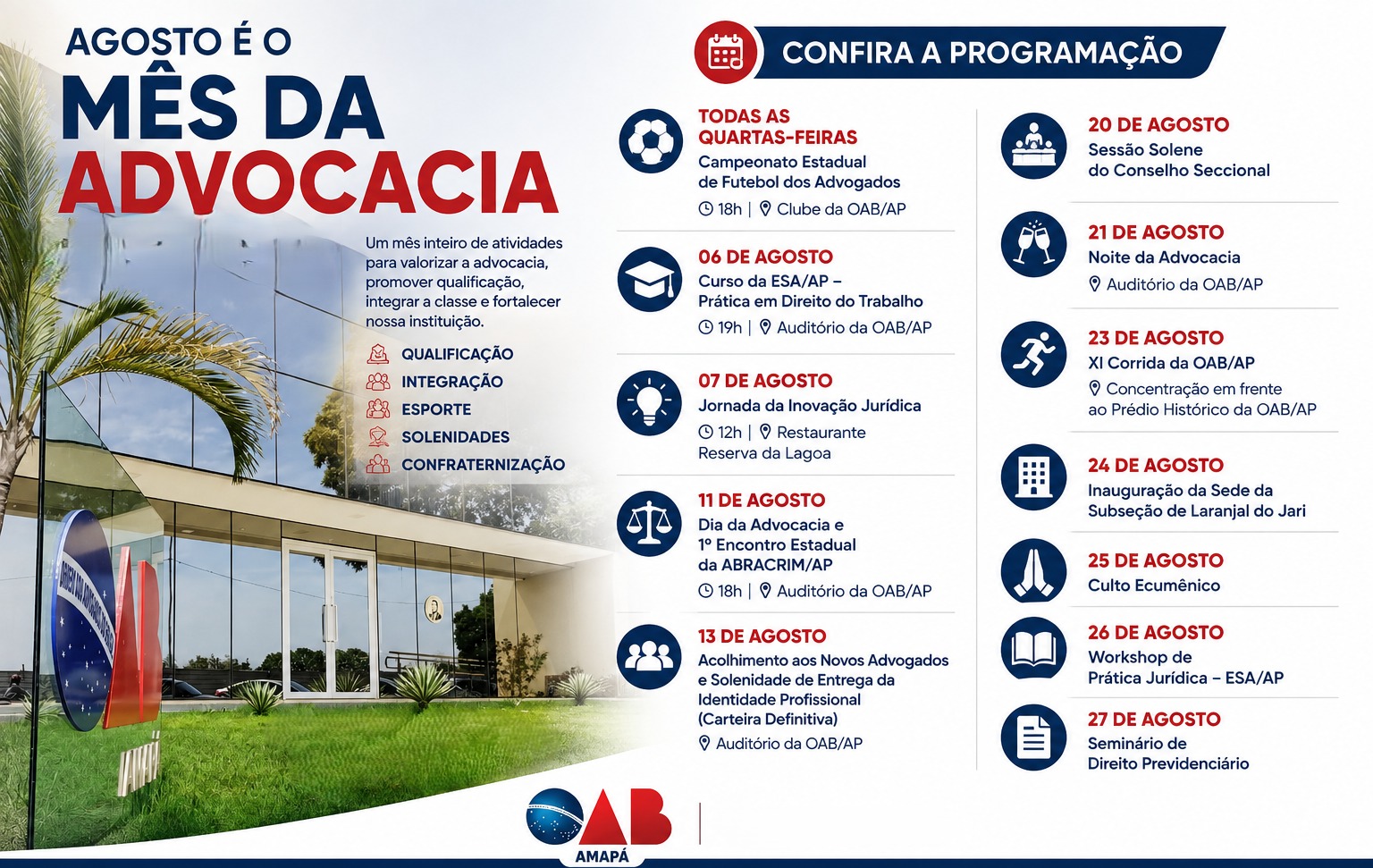 Agosto é o Mês da Advocacia na OAB/AP: programação reúne qualificação, esporte, integração e valorização da classe